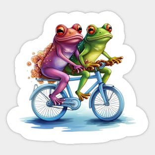 two frogs riding a bicycle Sticker